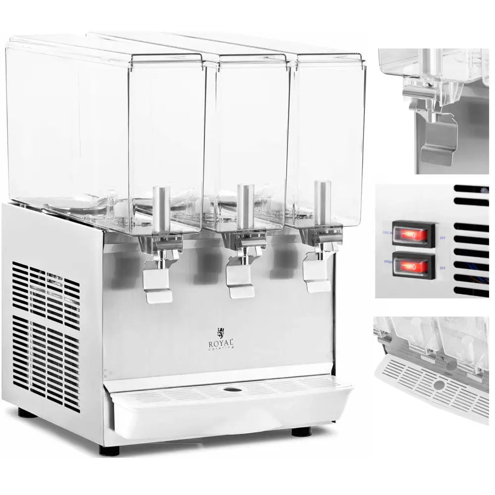 Dispenser kjøler for saft og drikke, tre beholdere med separate tappekraner, synlig dryppbrett og brytere.