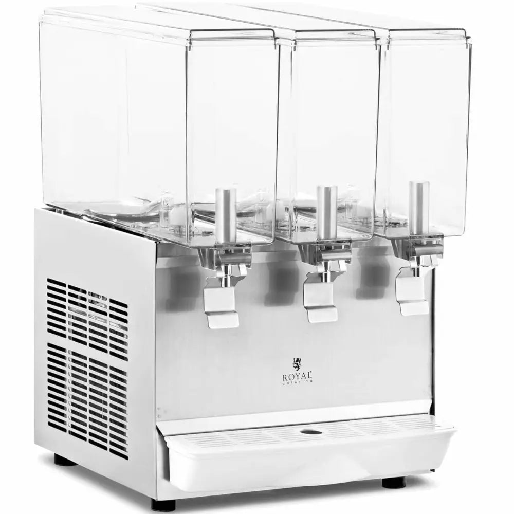 Drikkedispenser i rustfritt stål med tre separate beholdere, synlig fra skrå vinkel med tappekraner og dryppbakker.