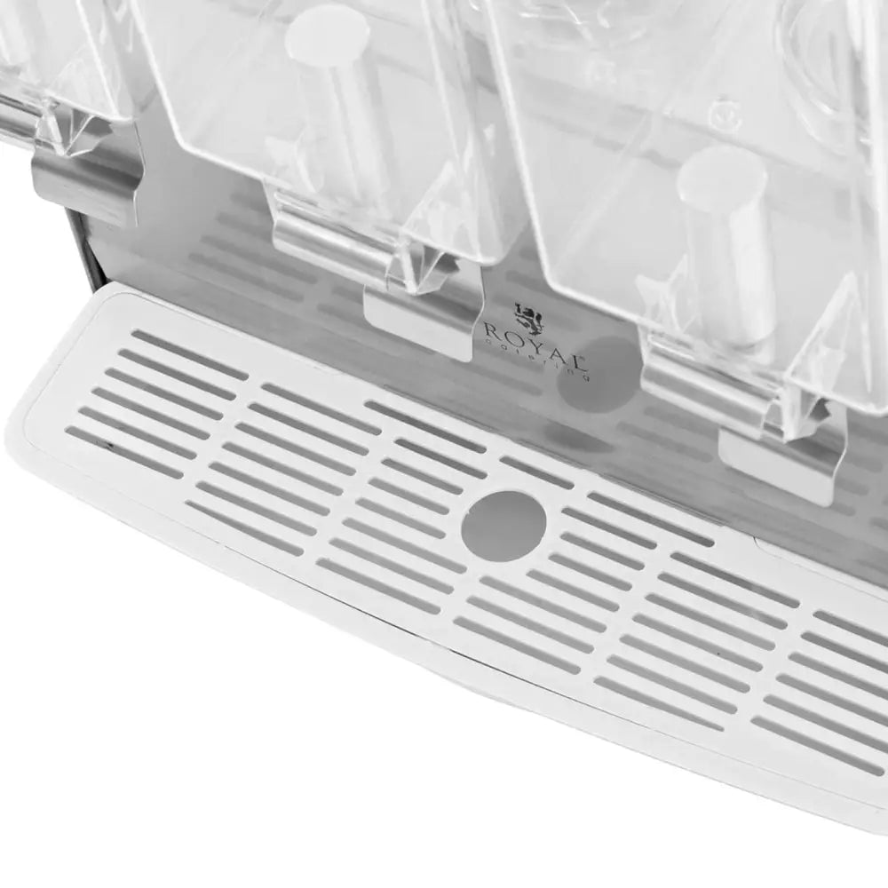 Dispenser kjøler, nærbilde som viser dryppbrett og tappekraner med Royal Catering-logo i fokus.