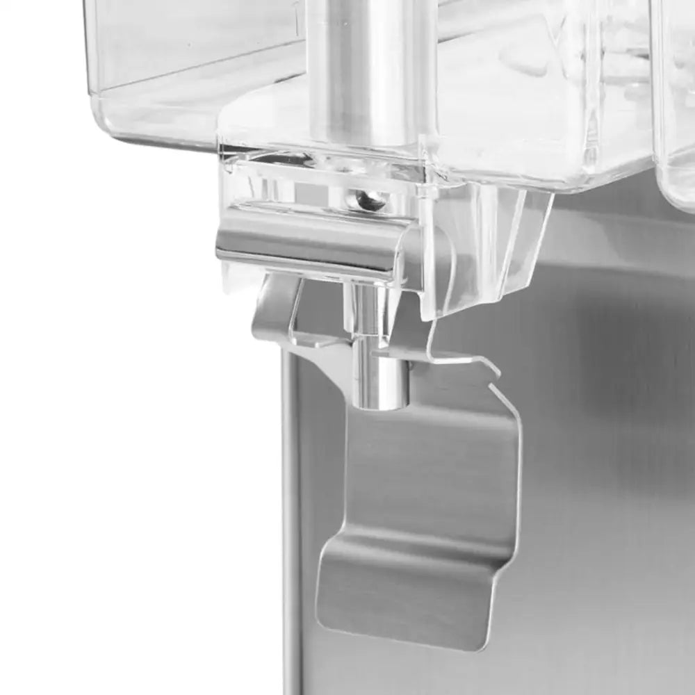 Dispenser kjøler, nærbilde av metallkran med børstet stål og gjennomsiktige plastdeler fra siden.