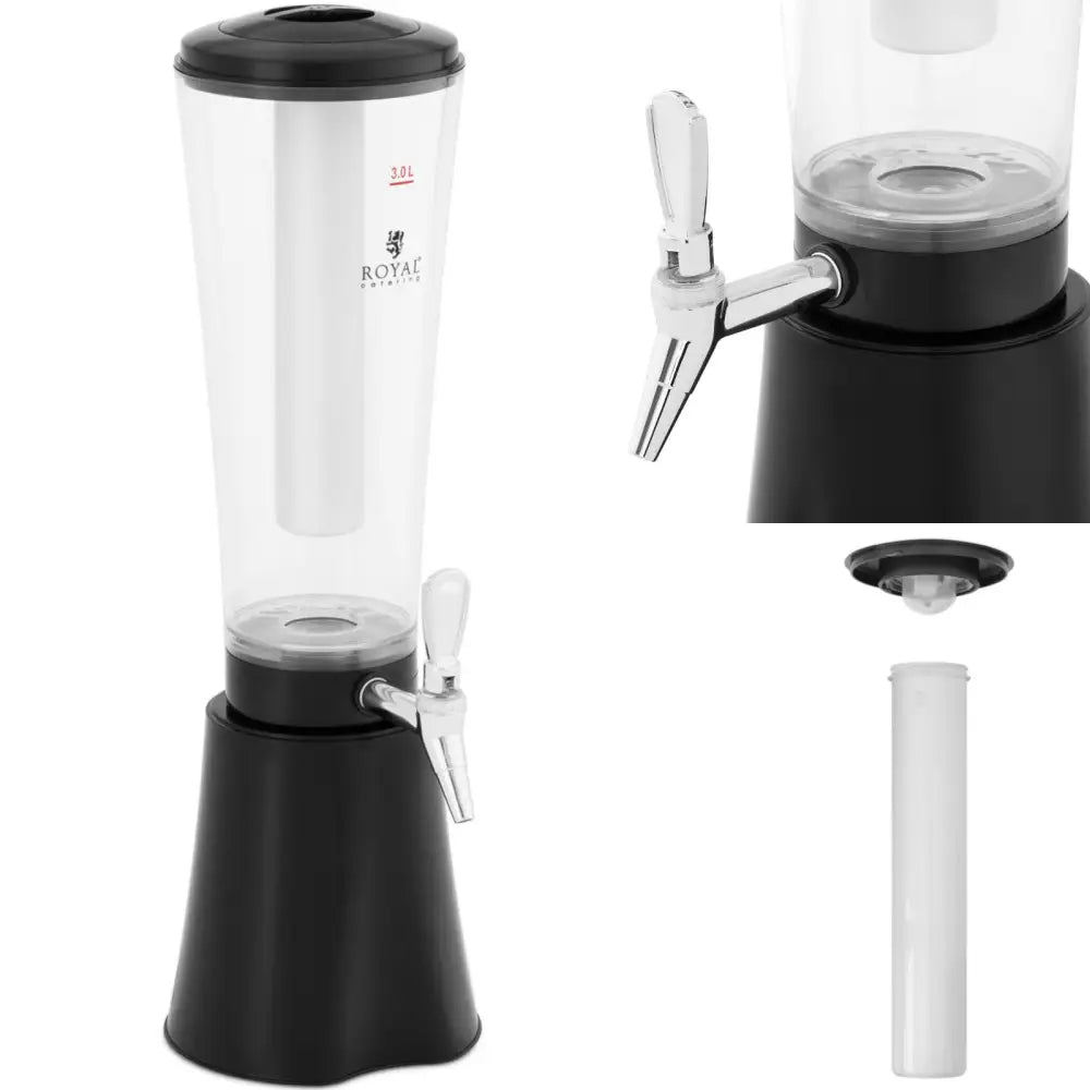 Dispenser med kjølesystem 3 L, svart base og lokk, sølv tappekran og synlig uttakbar sylinder.