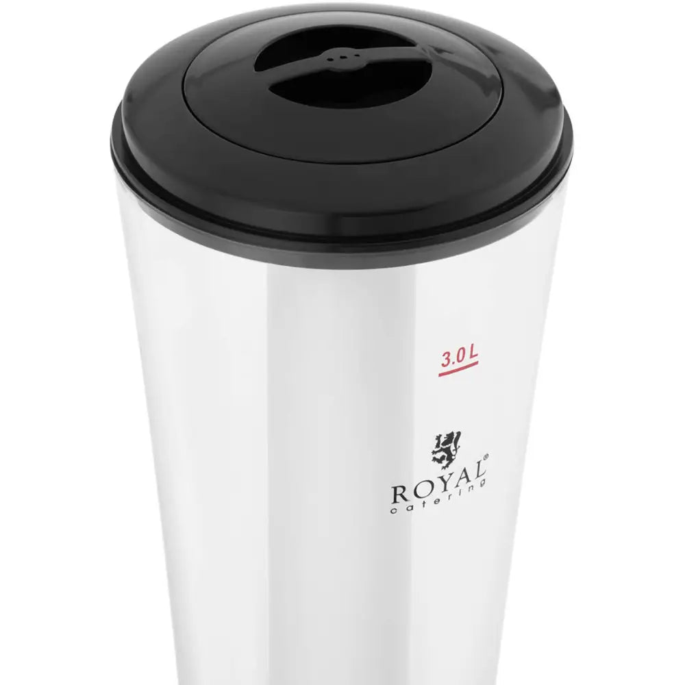 Dispenser med kjølesystem 3 L i rustfritt stål, sort lokk, synlig logo og rød måleangivelse på fronten.