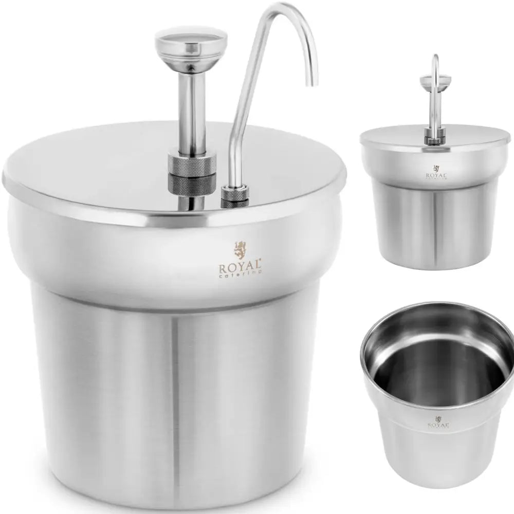 Dispenser Pump til ketchupsaus i rustfritt stål, matt overflate, synlig pumpe og logo foran.