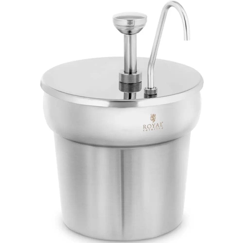 Dispenser Pump til ketchupsaus, fokus på børstet ståloverflate og ROYAL catering-logoen i front.