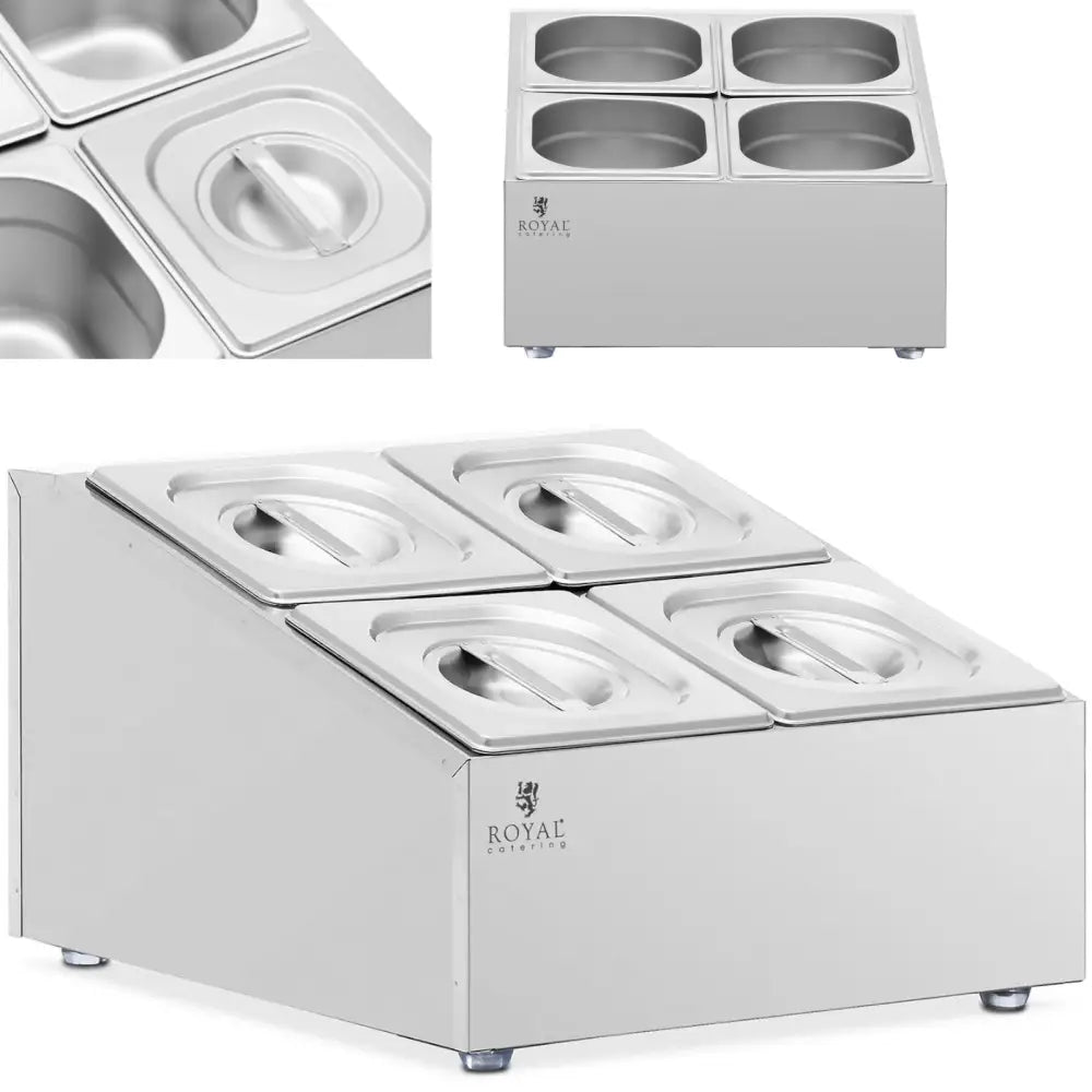 Displaystativ i rustfritt stål med fire GN 1/6 beholdere, separate lokk og håndtak, skrå forfra.