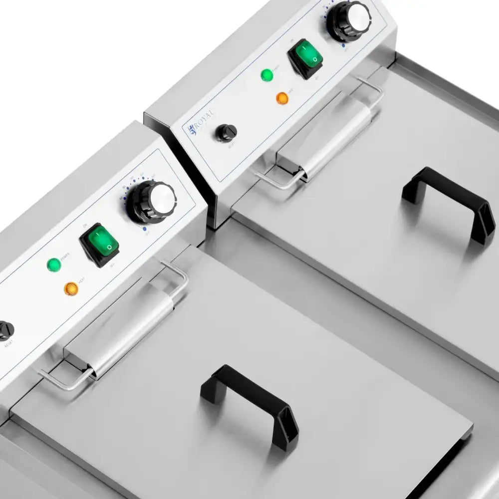 Dobbel dobbelkomponent fritøse, oversiktsbilde av lokk med svarte håndtak og detaljerte kontrollpaneler.