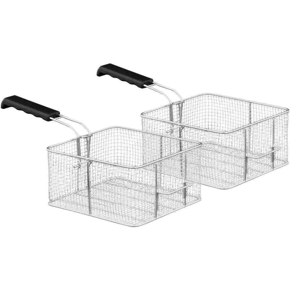 Dobbelkomponent fritøse med to metallkurver, grove nettingvegger og svarte plasthåndtak sett fra siden.