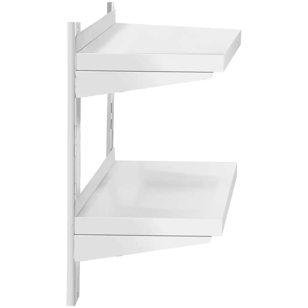 Dobbel justerbar veggmontert hylle i hvitt metall, sideperspektiv med fokus på minimalistisk design og veggspor.