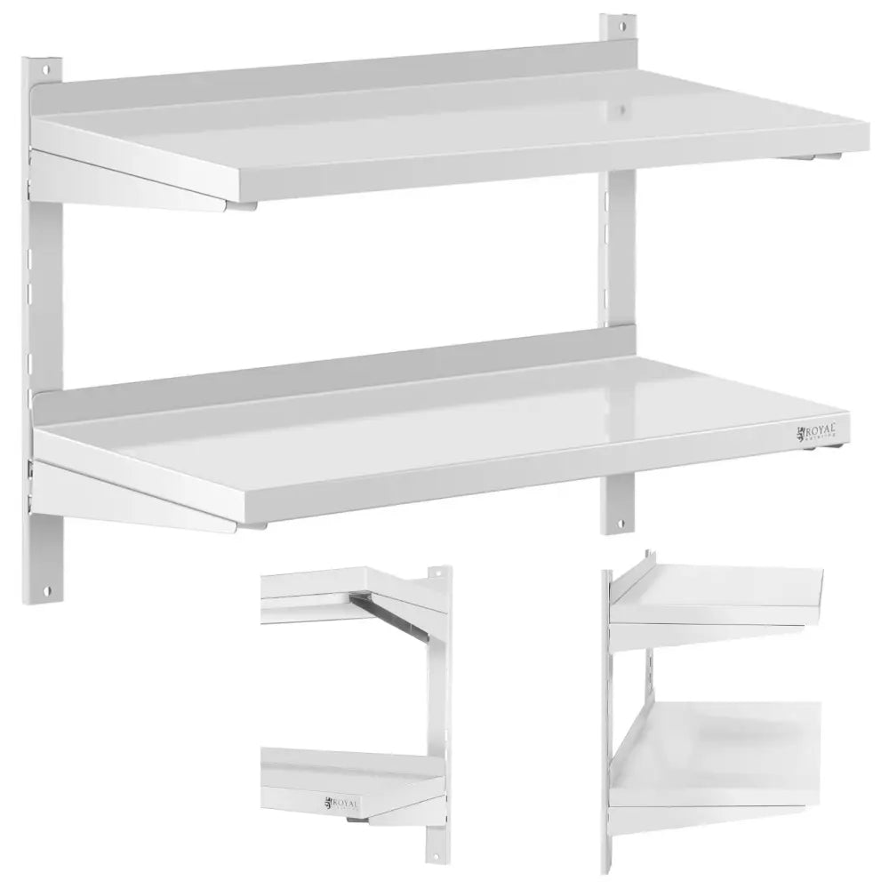 Dobbel justerbar gastronomihylle i stål, skråvisning av hvitlakkert reol med to solide hyller og avstivere.