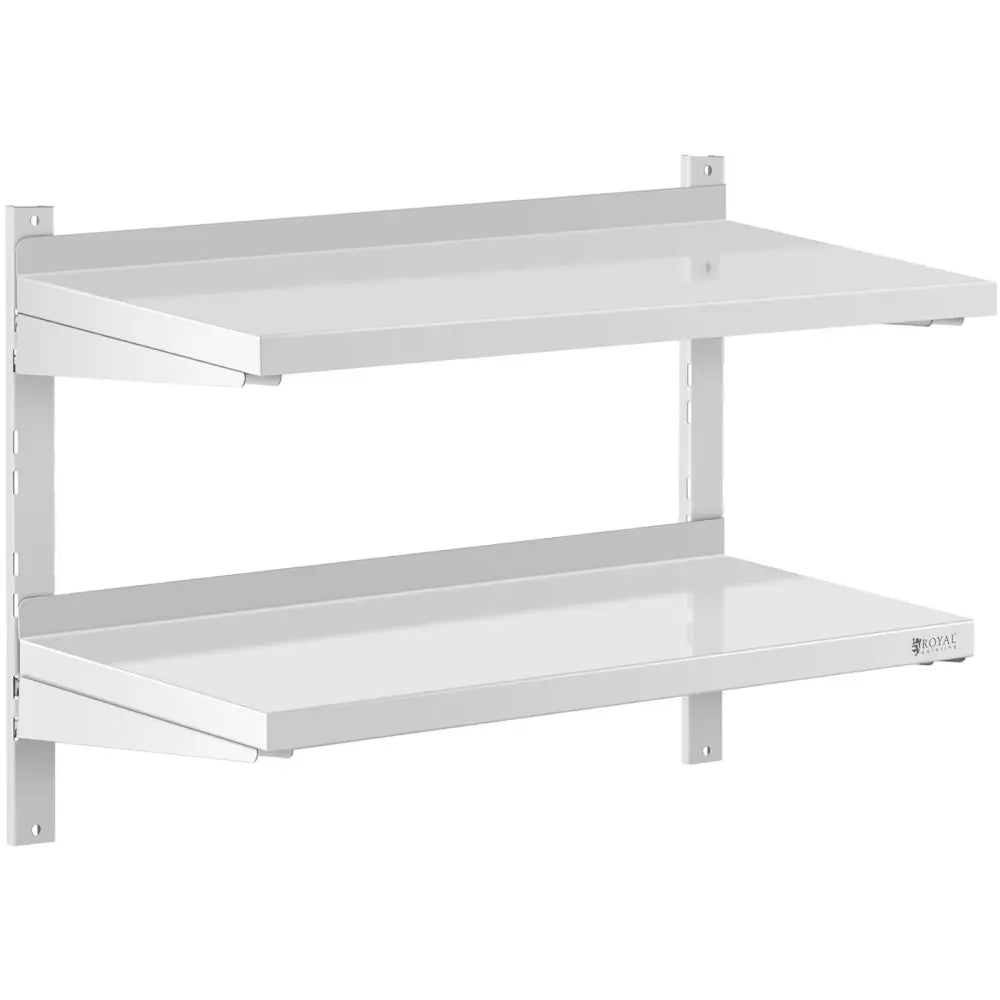 Dobbel justerbar gastronomihylle i stål, to hvite hyller montert på vegg med synlige justerbare braketter.