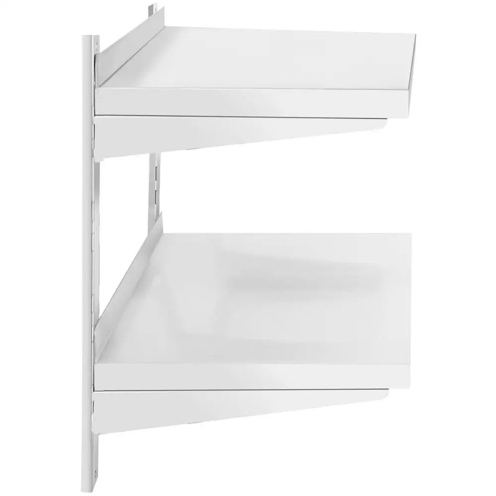 Dobbel justerbar gastronomihylle i stål, sidevisning med høy bakre kant og veggmontert skinne.