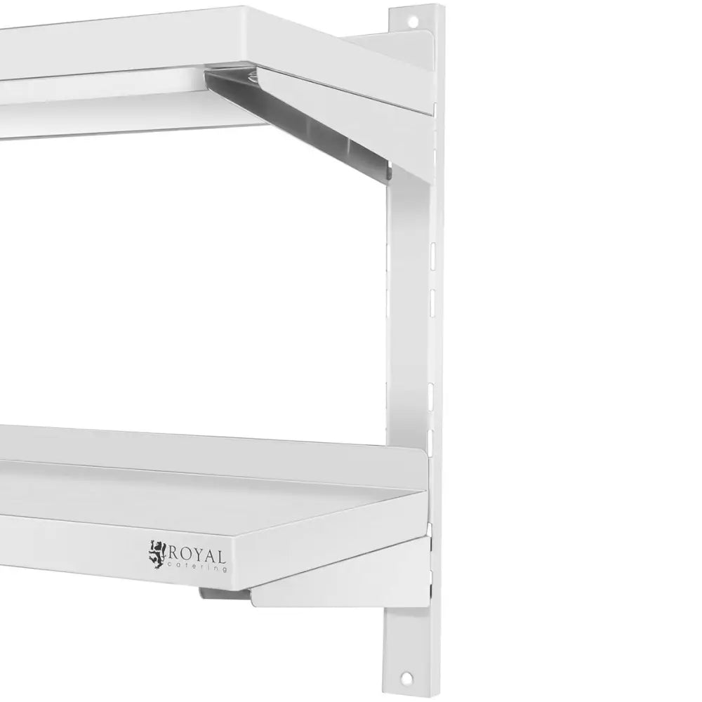 Dobbel justerbar gastronomihylle i stål, sidevisning med perforert veggskinne og synlig logo på nederste hylle.