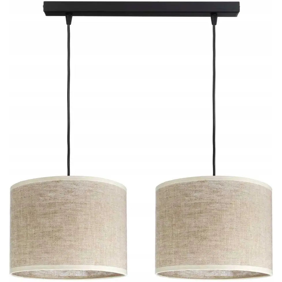 Dobbel lampe med to beige sylinderformede linskjerm, svart skinne og ledninger, sett forfra.