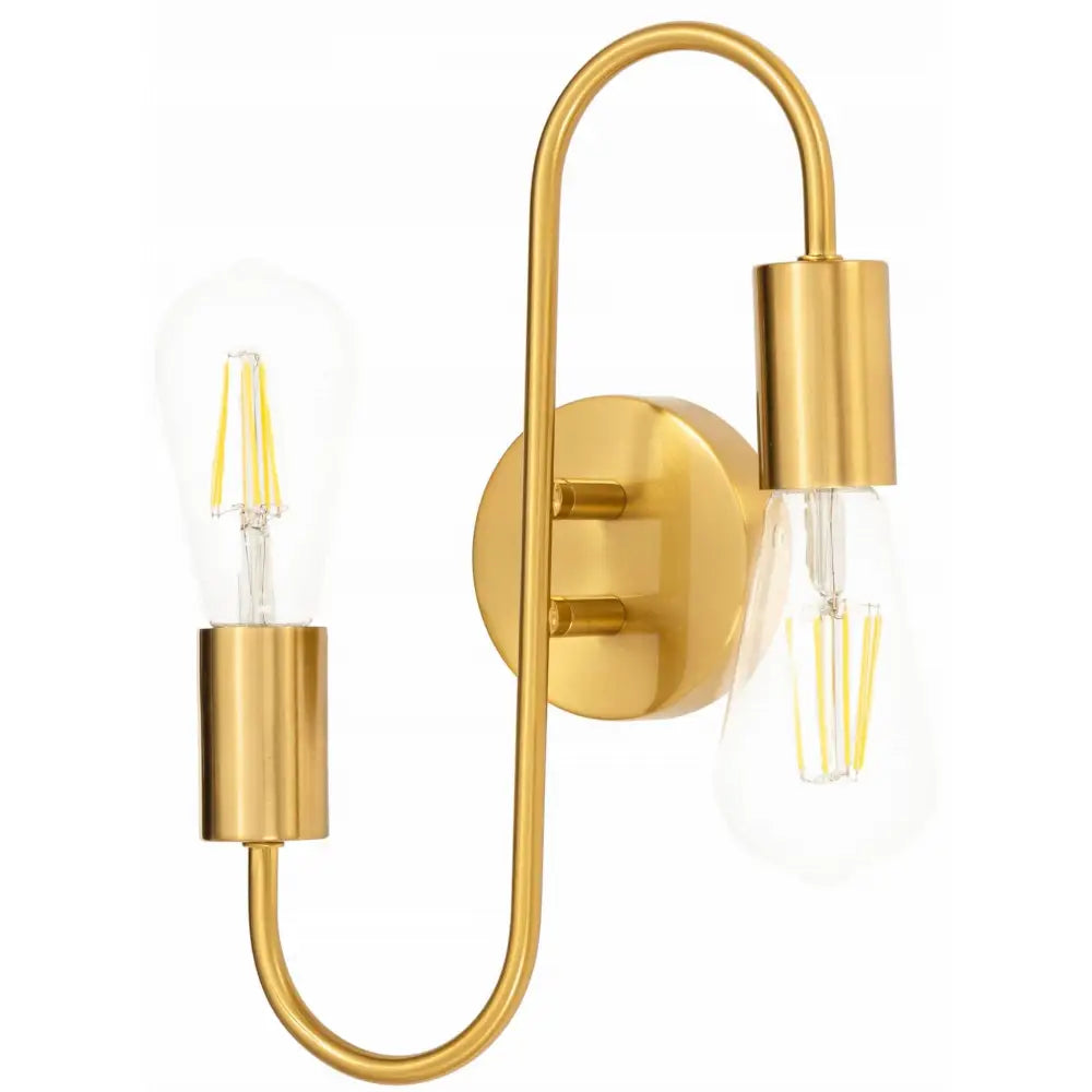 Dobbel loft vegglampe i matt gullmetall med to synlige LED-pærer, buet form og rund veggplate.