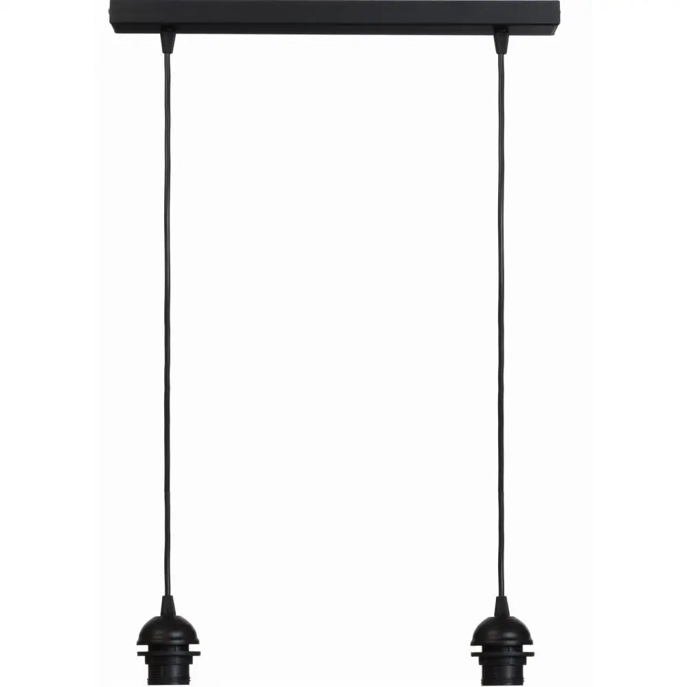 Dobbel lyslist med to hengende sorte E27-sokler og avlang sort takmontering, sett forfra mot lys bakgrunn.