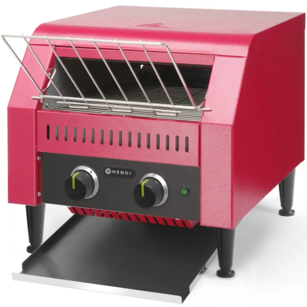 Dobbel ristbrødrister i rød metall, sett fra skrå front med sorte dreieknapper, avtagbart brett og utfellbar rist.