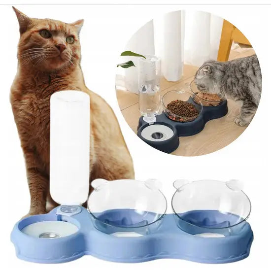 Dobbel skål med vannautomat for hund og katt, blå modell i bruk av katt på gulv, med to gjennomsiktige boller og vannbeholder.