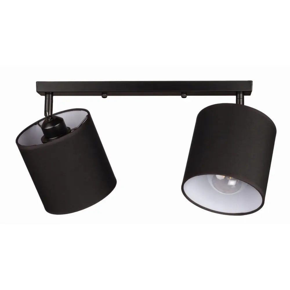 Dobbel taklampe i svart metall med to hvite sylindriske skjermer og synlige lyspærer, frontvisning.