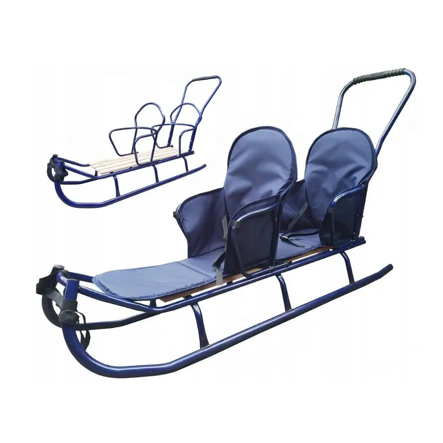 Dobbel tandem akebrett i blått med to polstrede seter, sikkerhetsbelter og metallramme, sett fra siden.