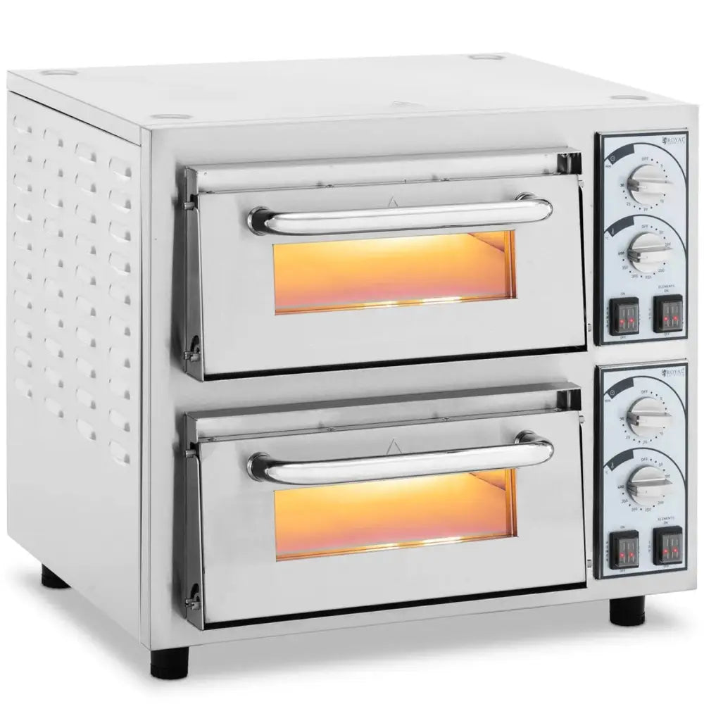Dobbelkammer pizzaovn i rustfritt stål, skrå frontvisning med opplyste ovnsrom og tydelige kontrollpaneler.