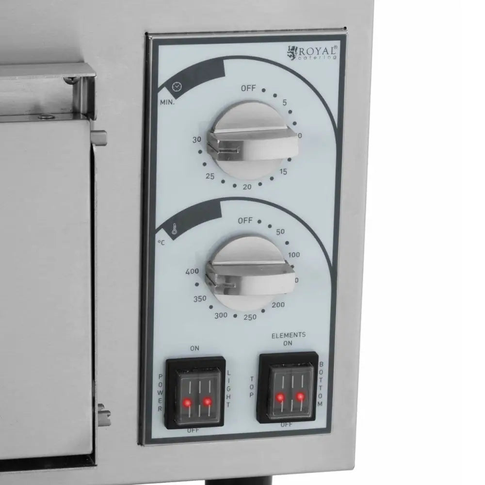 Dobbelkammer pizzaovn, sidevisning av kontrollpanel med store dreieknapper og fire svarte vippebrytere med lys.