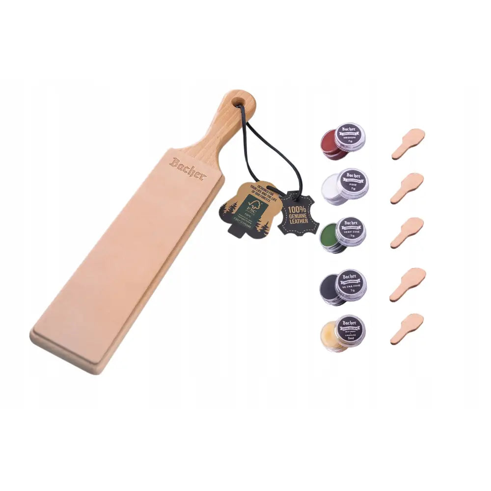 Dobbelsidig lærstropp med trehåndtak, sett med fem fargede polérpastaer og små lærprøver.