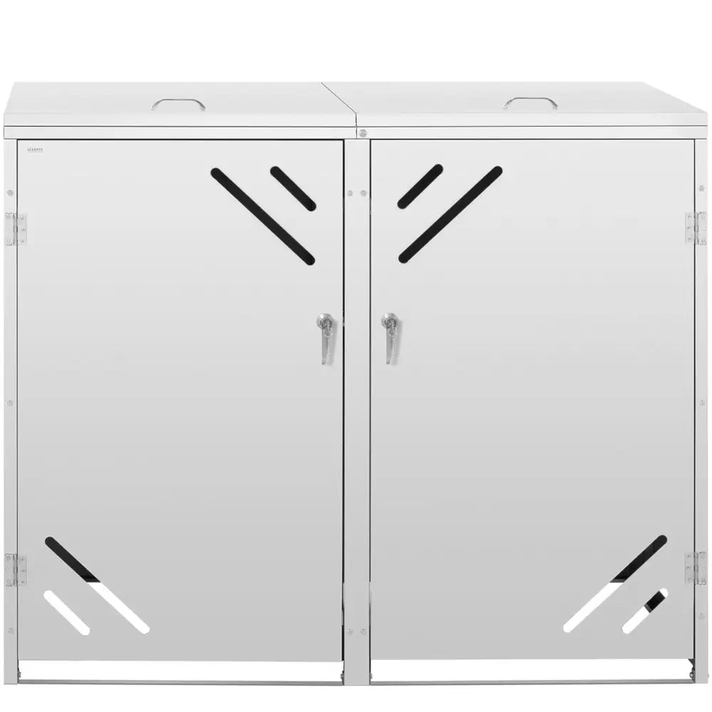 Dobbelt 240 l avfallskurv deksel i hvitt stål, frontvisning med sorte skrå ventilasjonsåpninger og låsbare dører.