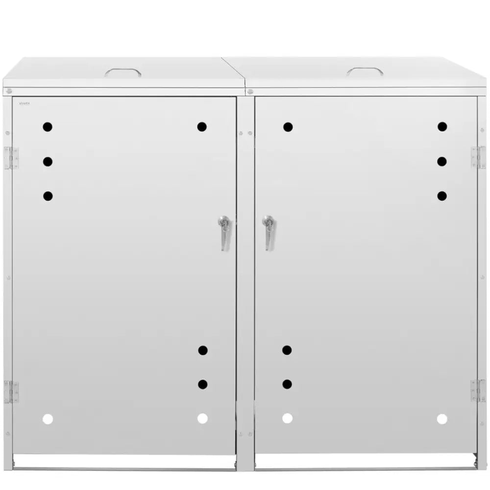 Dobbelt søppeldunkbeskyttelse i grått stål, frontvisning med låsbare dører og runde ventilasjonshull.