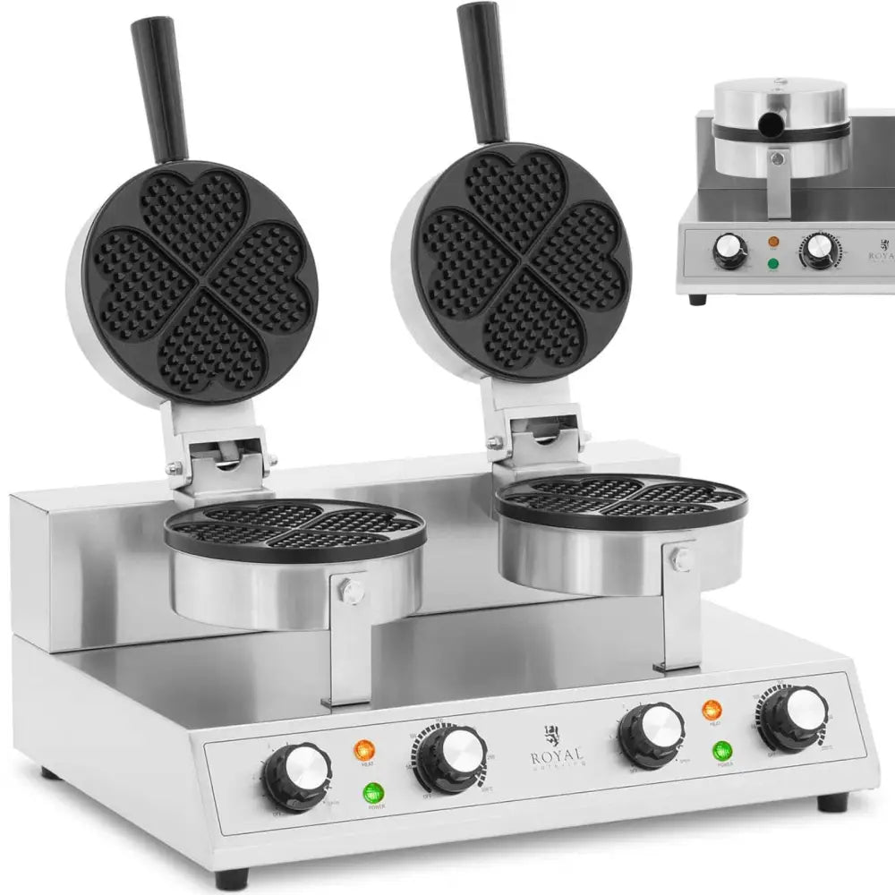 Dobbelt hjerteformet vaffeljern i rustfritt stål, åpne lokk, svarte håndtak og synlig kontrollpanel.