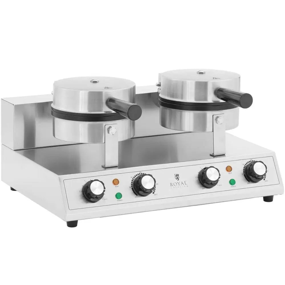 Dobbelt hjerteformet vaffeljern i rustfritt stål med lukkede lokk, fire brytere og svarte håndtak.