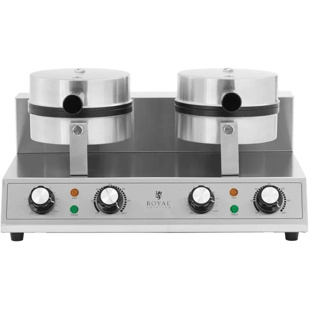 Dobbelt hjerteformet vaffeljern i rustfritt stål, frontvisning med to store lokk, fire dreieknapper og indikatorlys.