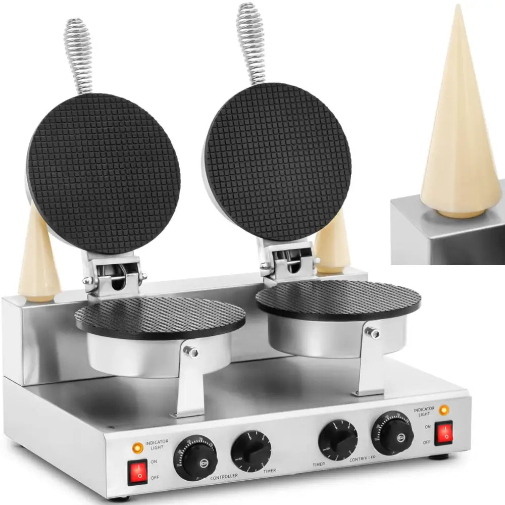 Dobbelt stål vaffeljern for iskjeksskjell, to sorte stekeplater og fjærbelagte håndtak, front- og toppvinkel.