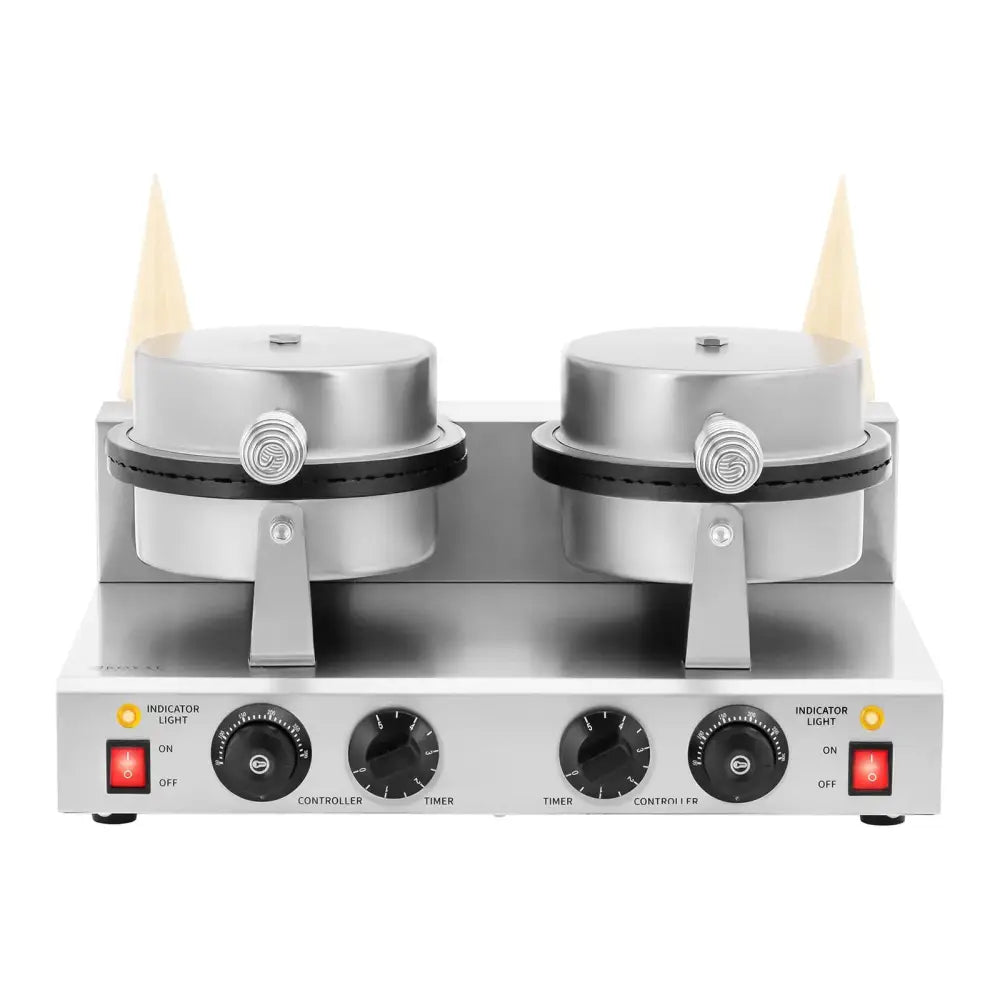 Dobbelt stål vaffeljern for iskjekss, frontvisning med to runde lokk, kontrollpanel og kjegleformede ruller bak.