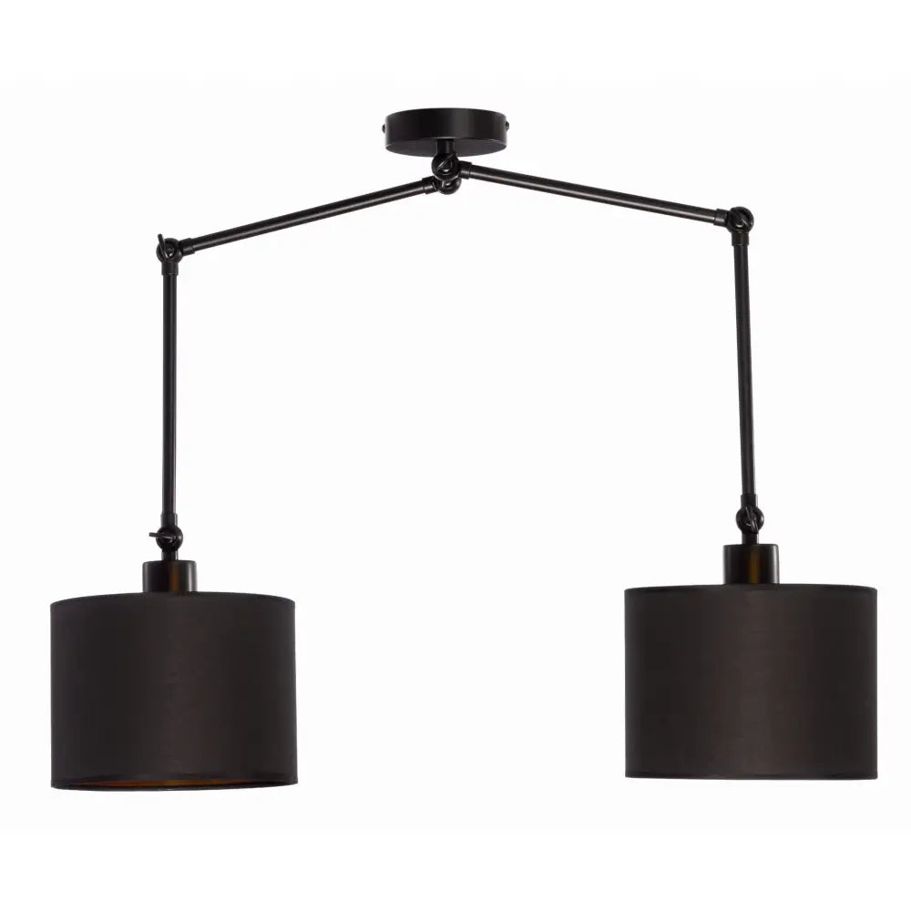 Dobbelt taklampe i svart metall Oro, sett forfra med to justerbare armer og sylindriske lampeskjermer.