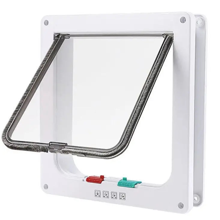 Dør for hund/katt 4 måter XL i hvitt, skråvisning med gjennomsiktig luke og to fargede skyvebrytere nederst.