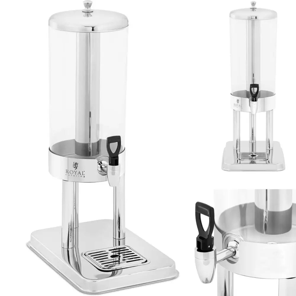 Doseringsdispenser for juice, glassylinder med sort hendel, nærbilde av tappekran og dryppbrett i rustfritt stål.