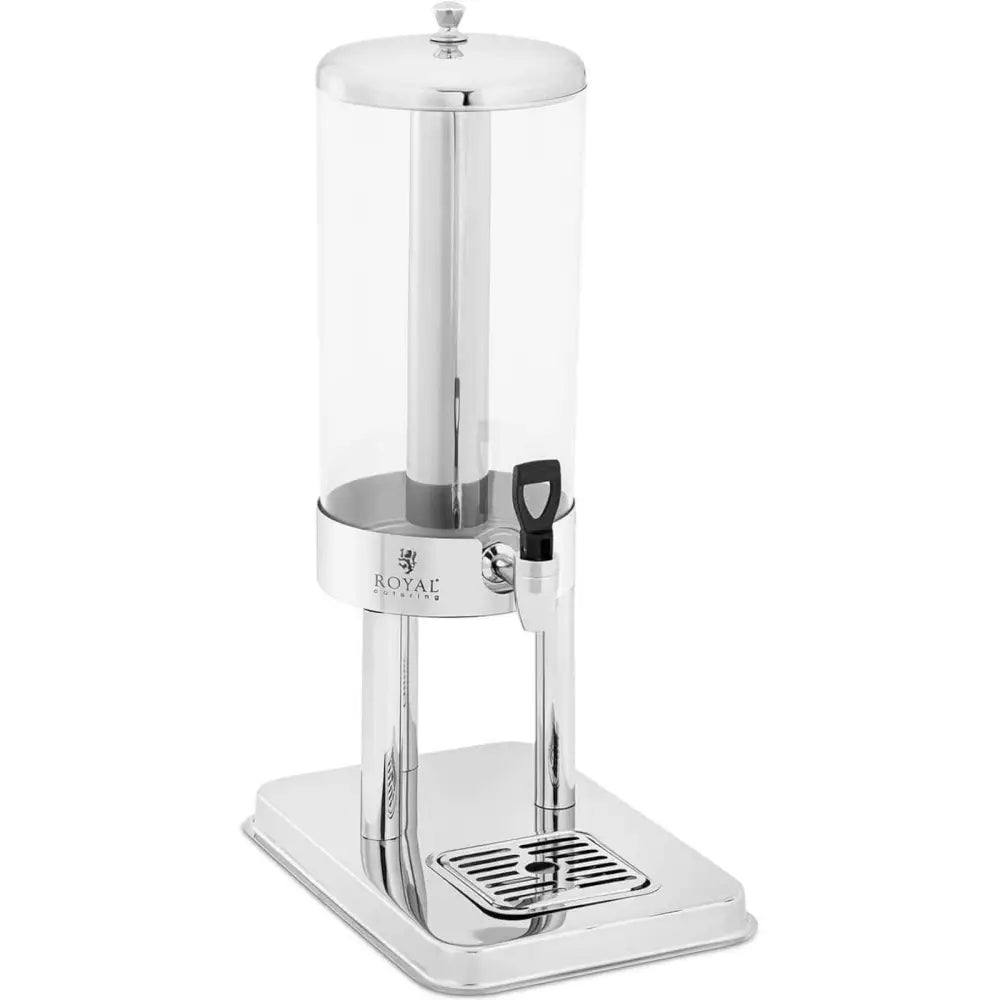 Doseringsdispenser for juice, sidevisning av glassbeholder med sølvfarget lokk, tappekran og dryppbrett.