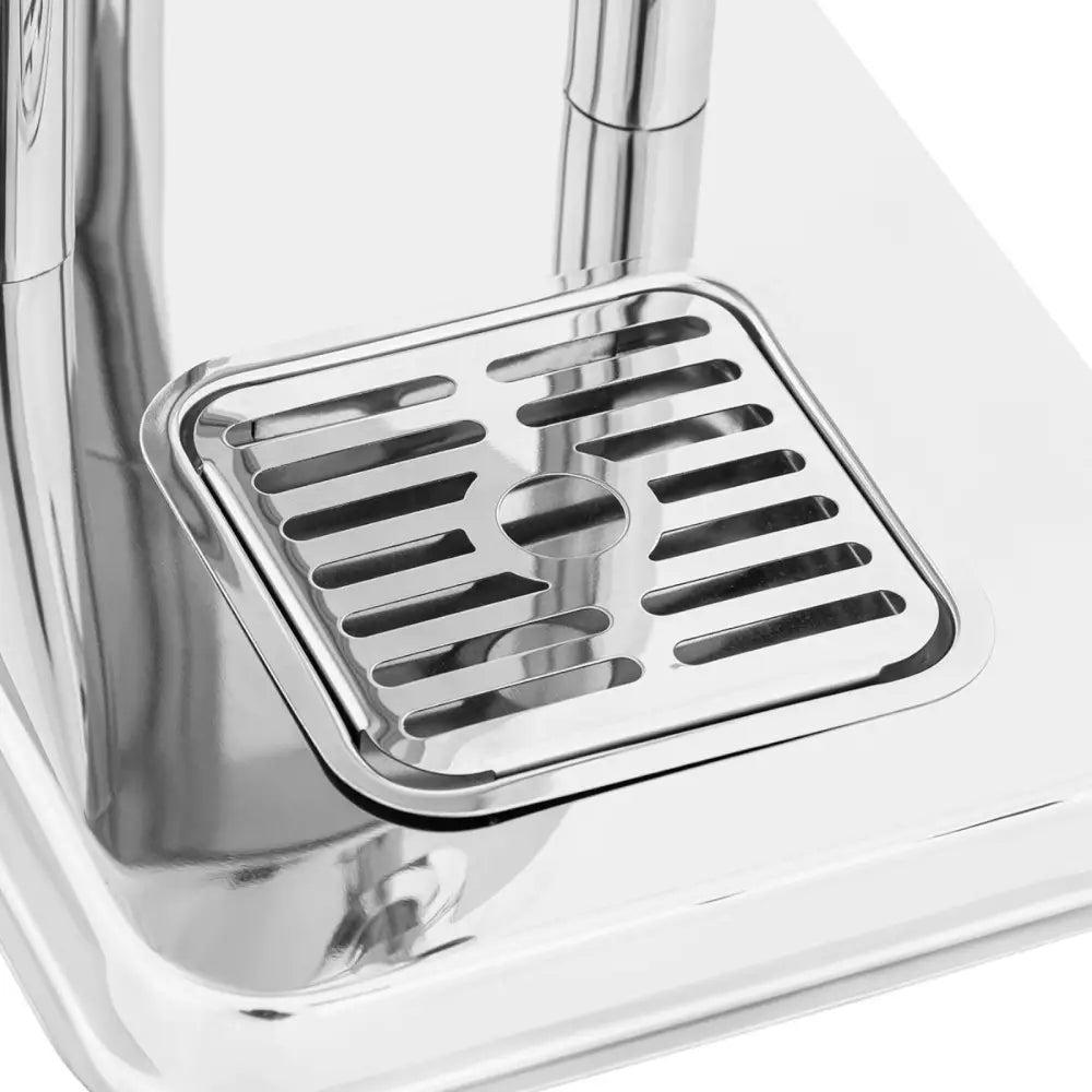 Doseringsdispenser Buffet Juice Drink Chiller System, nærbilde av dryppbakke i rustfritt stål sett ovenfra.
