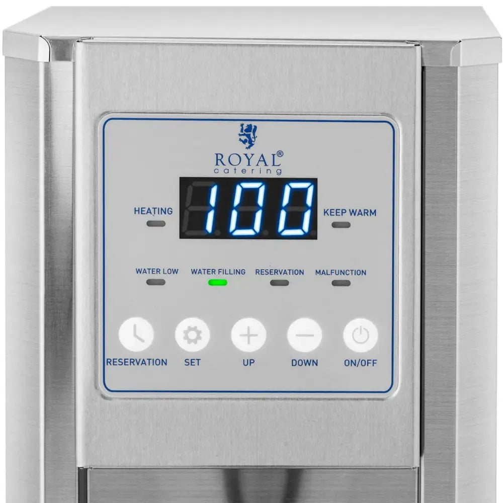 Doseringsdispenser for kokende varmt vann, digitalt kontrollpanel med blå LED-display og funksjonsknapper.