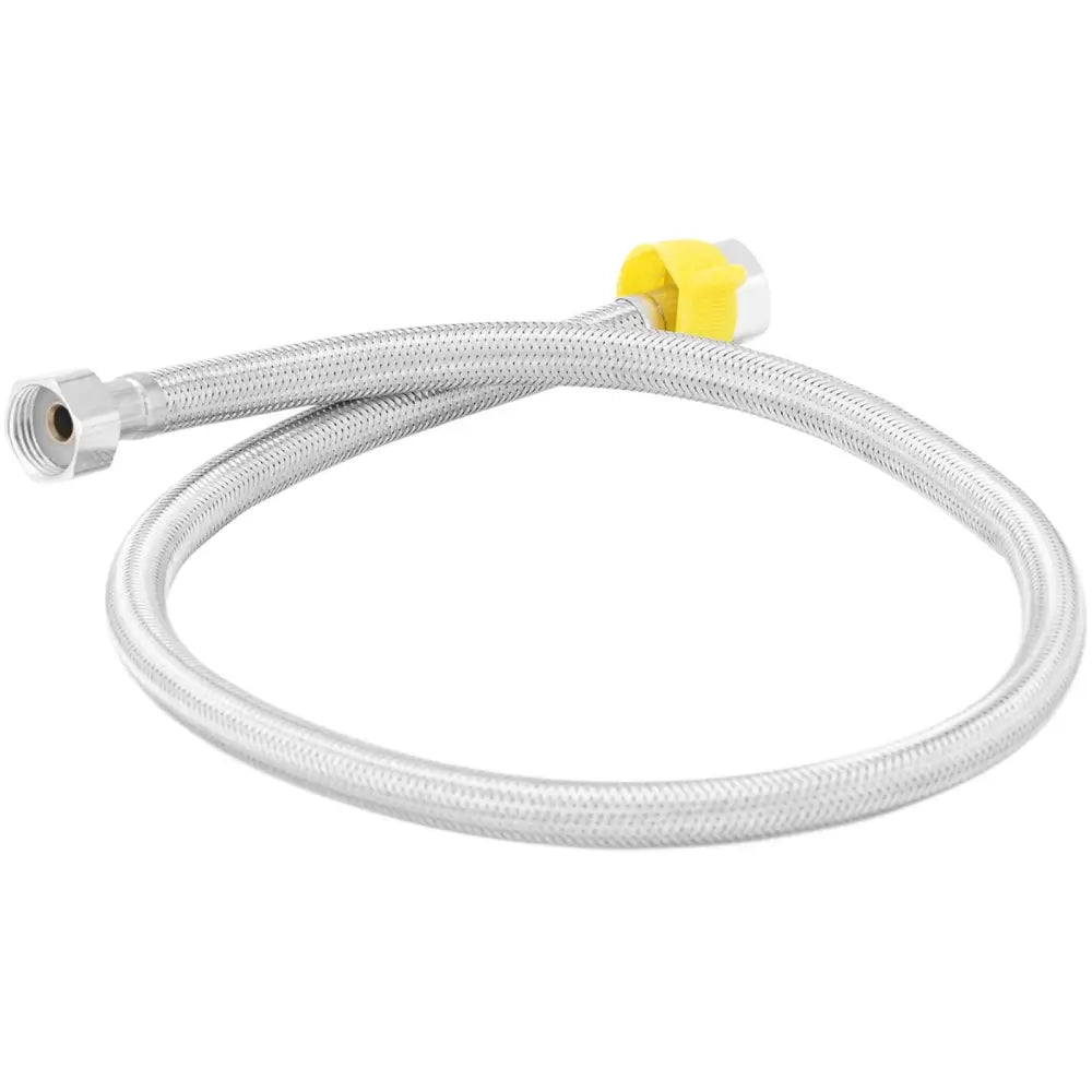 Doseringsdispenser-slange, sølvfarget med metallfletting og gul plastdetalj ved koblingsmutter, skrå vinkel.