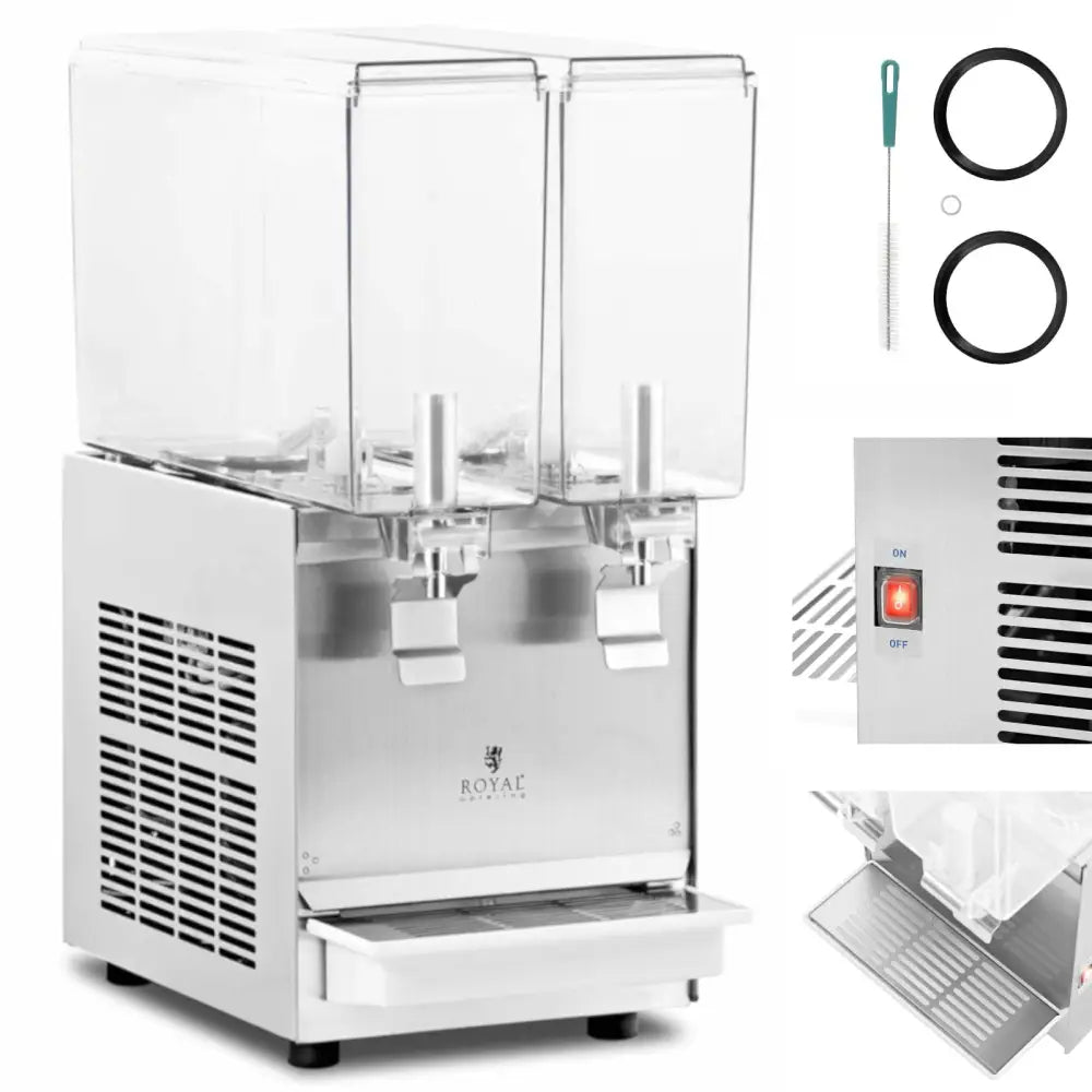 Dobbel drikkevaredispenser med to gjennomsiktige tanker, dryppbrett, bryter og tilbehør sett skrått forfra.