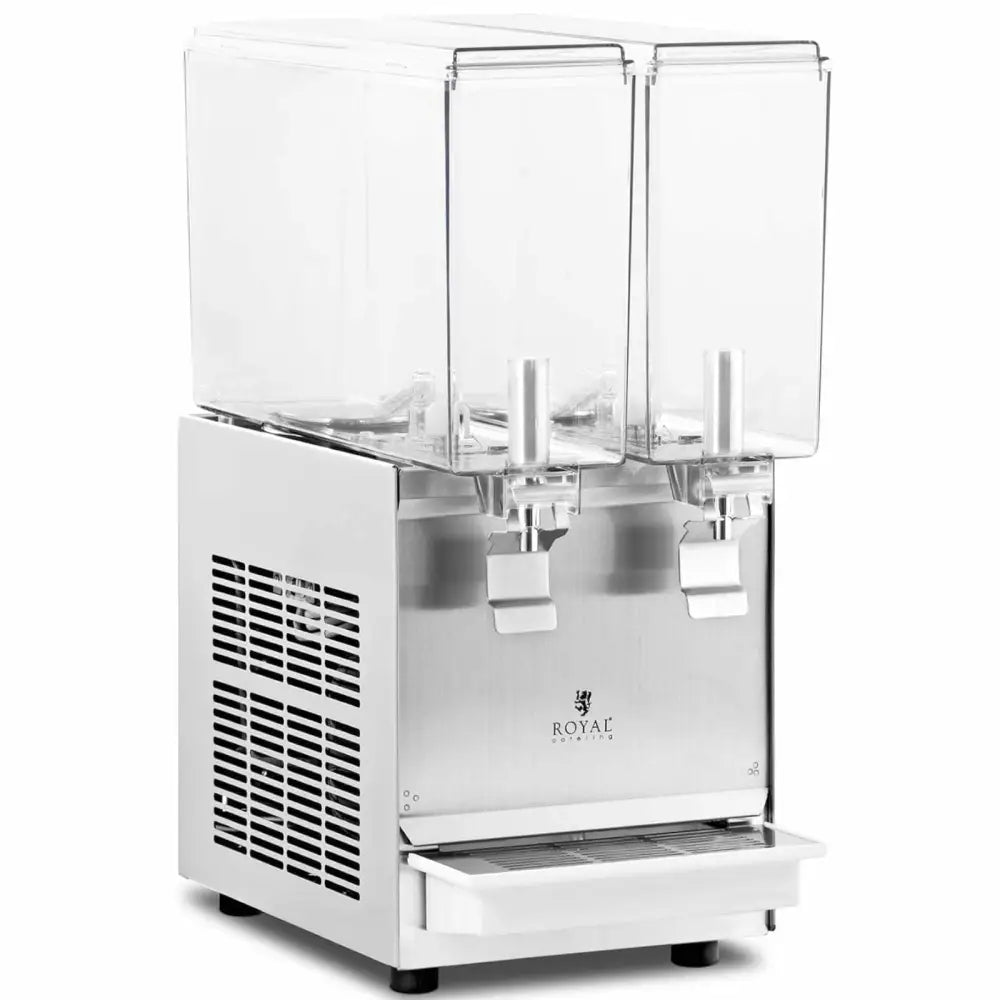 Dobbel drikkevaredispenser med to tappekraner, dryppbrett og gjennomsiktige beholdere sett fra skrå forside.