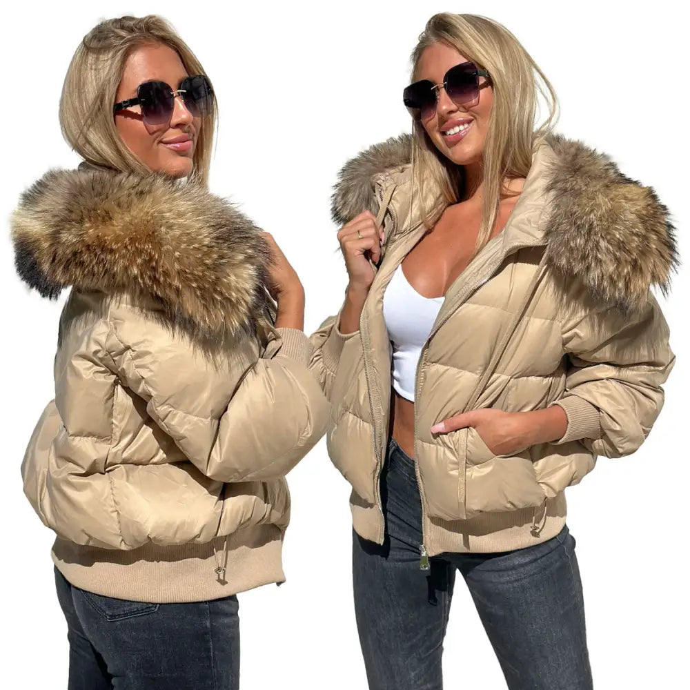 Dunjakke med Ekte Vaskebjørnpels Ruby Beige One Size