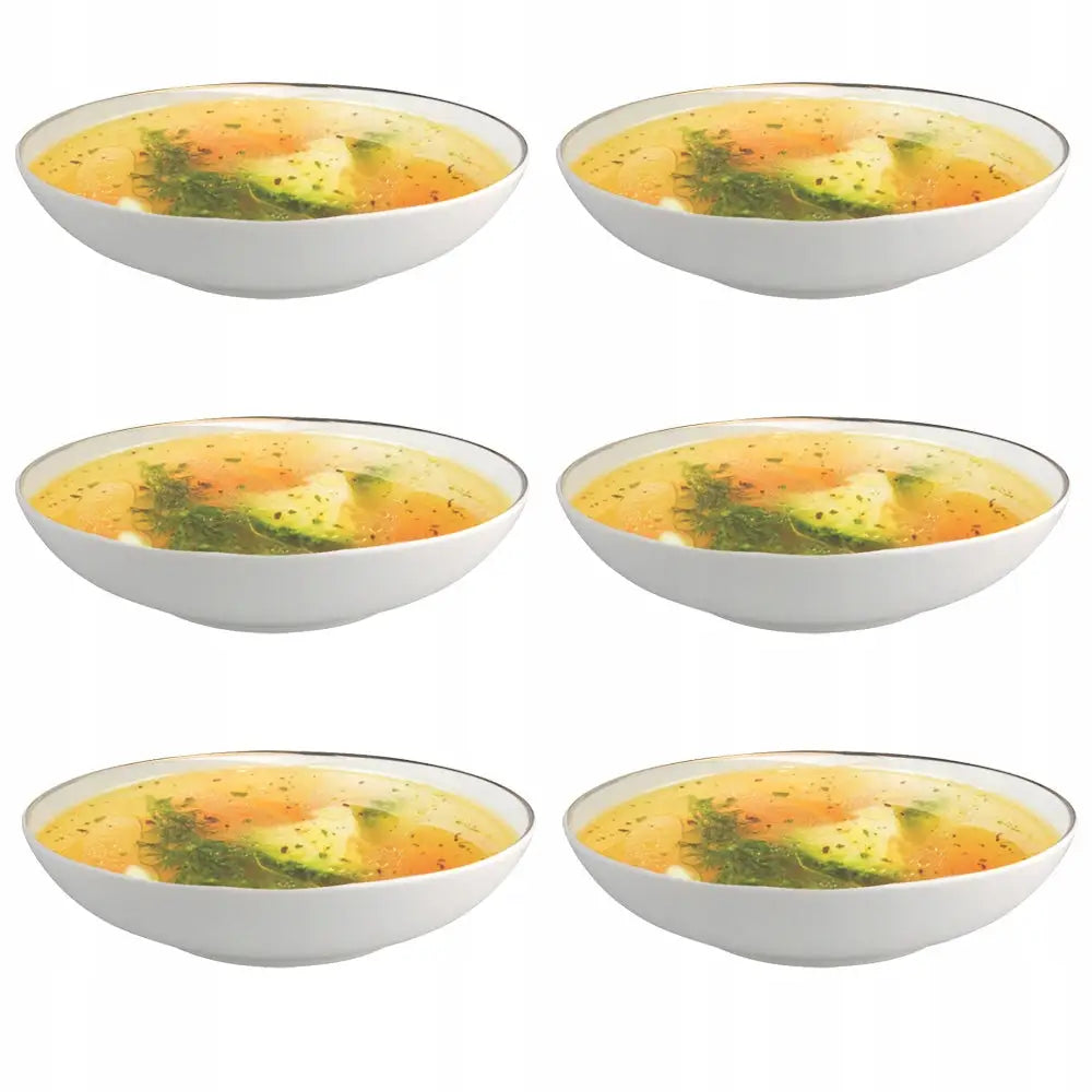 Dype tallerkener Bella, seks hvite suppeskåler med gul suppe og urter, enkel klassisk design.