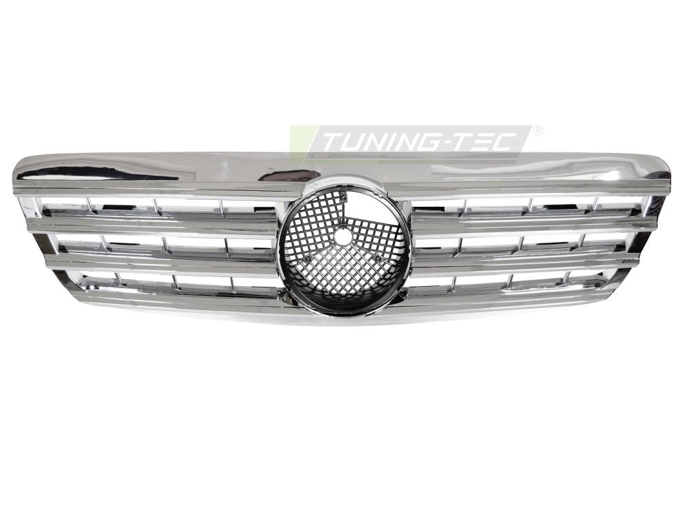 Detaljbilde av Grill S-Klasse W220 98-02 krom med lamellstruktur og emblemfeste.