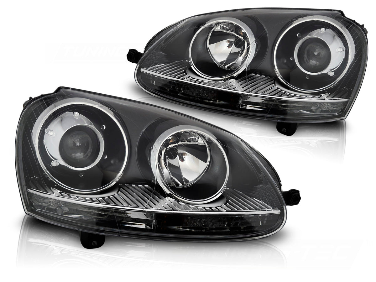 Frontlykter Black H7 HID til VW Golf V 03-09 sett rett forfra på hvit bakgrunn.