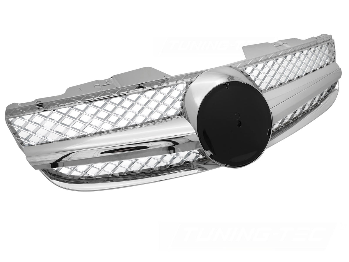 Grill til Mercedes SL R230 06-11 i krom sett rett forfra på hvit bakgrunn.