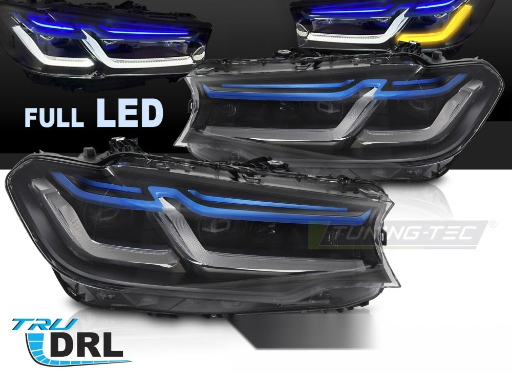Detaljbilde av frontlykter BMW G30/G31 17-20 med LED-detaljer.