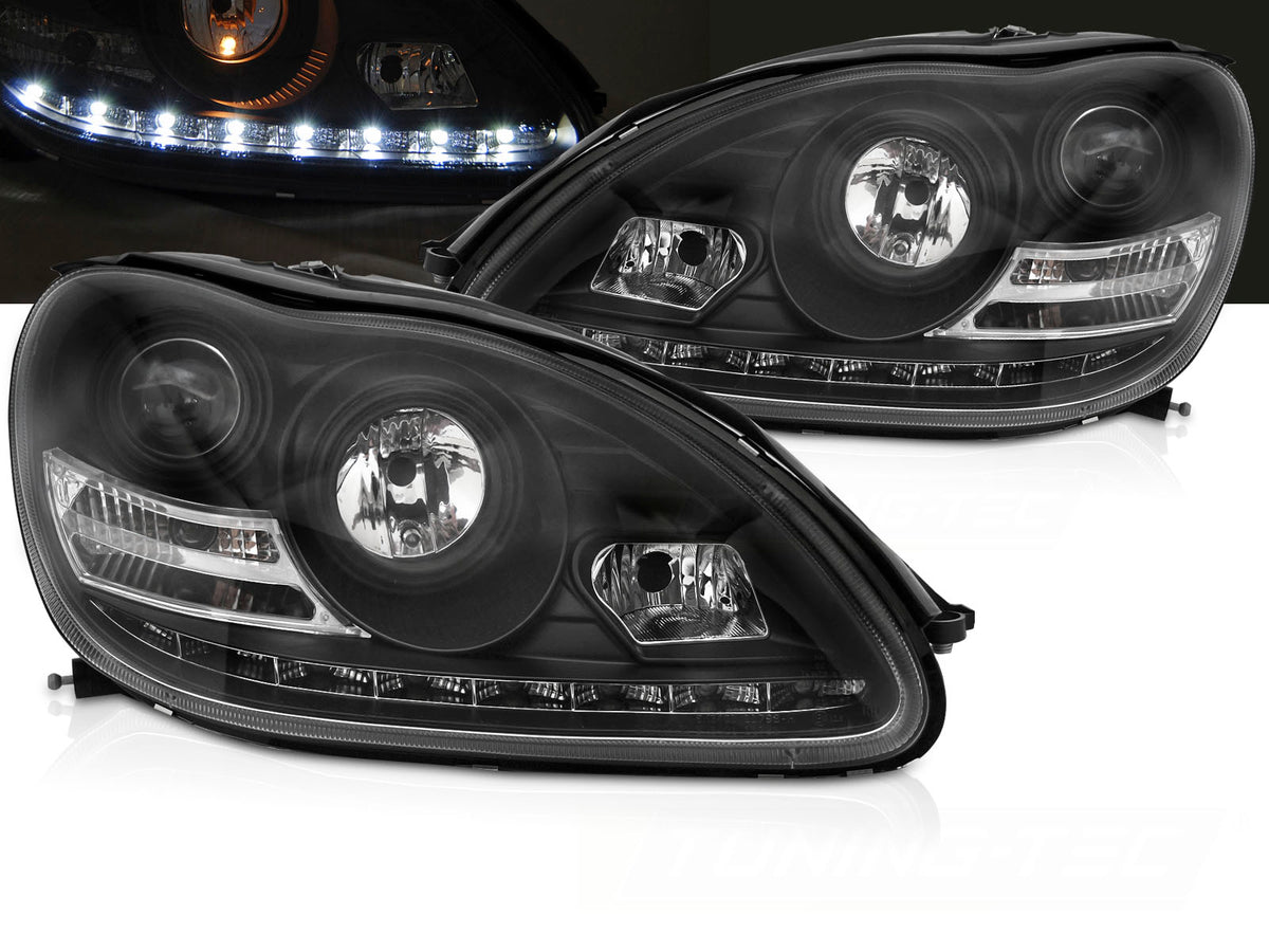 Frontlykter Posisjonslys Svart Mercedes W220 02-05 – sett med tent belysning