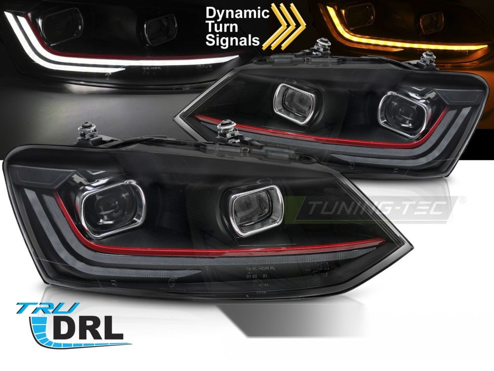 Detaljbilde av frontlykter VW Polo V 6R 09-17 med LED-detaljer.